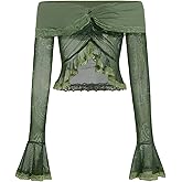 MakeMeChic Women's Off The Shoulder Renaissance Tops Lace Bell Flared Sleeve Floral Boho Mesh Crop Tops