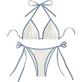 GORGLITTER Women's Contrast Binding Triangle Bathing Suit Halter Swimsuit Tie Side Thong Bikini Set