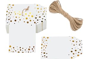 joycraft 50Pcs Gift Tags with String, Gold Foil Dots Blank Hangtags, 3.3x2.1 in White Kraft Paper Tags for Party Favors, Gift