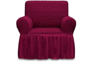NICEEC Armchair Slipcover Burgundy Armchair Covers 1 Piece Easy Fitted Sofa Couch Cover Universal High Stretchable Durable Furniture Protector with Skirt Country Style (1 Seater Wine Red)