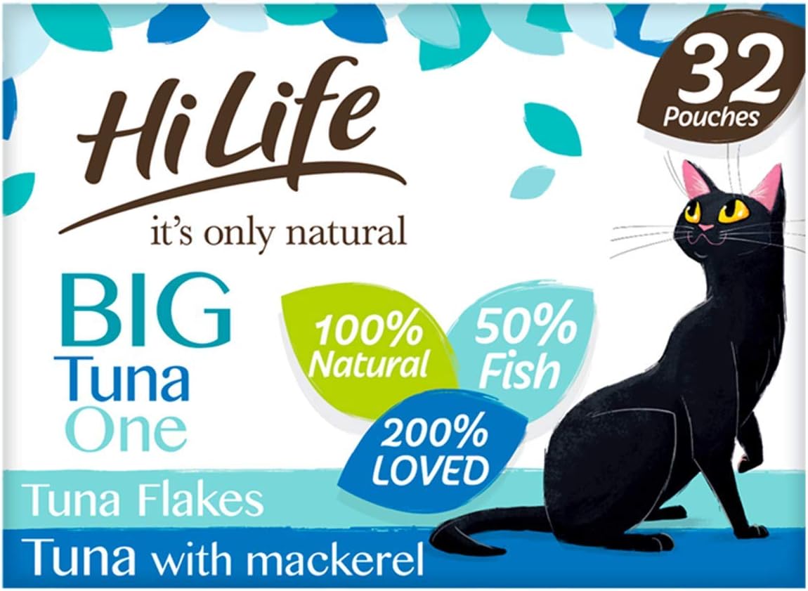 32 x HiLife Its Only Natural Cat Pouch Multipack The Big Tuna One In Jelly 70g, Transparent, 70 g (Pack of 32)