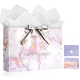 YoungTree Large Gift Bag with Tissue Papers and Greeting Card Two-Tone Ribbon, Portable Paper Birthday Gift Bag with Handles,Present Bags for Valentines Day Wedding Party Supplies(Pink Marble Pattern)