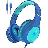 Voopwink Kids Headphones Wired with Microphone, USB Type C Headphones for Kids Girls Boys with Cord/LED Lights/85/94dB Volume Limit, Portable Over Ear Headphones for School/Travel/Tablet/iPad