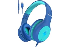 Voopwink Kids Headphones Wired with Microphone, USB Type C Headphones for Kids Girls Boys with Cord/LED Lights/85/94dB Volume Limit, Portable Over Ear Headphones for School/Travel/Tablet/iPad