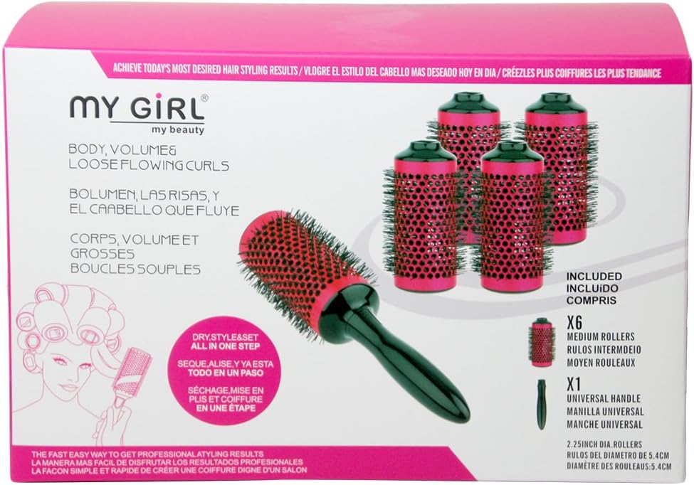 Essex Girl Beauty New Pink Roll and Click Hair Rollers Curl Brush Essex Blow Dry in A Box, Medium