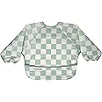 Tiny Twinkle Mess Proof Baby Bib|Waterproof Smock Bib for Eating,Machine Washable Full Sleeve with Pocket(Checkers Sage, Small 6-24 Months)
