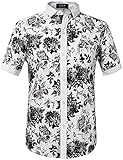 SSLR Men's Flower Casual Button Down Short Sleeve Shirt (Large, White Black)
