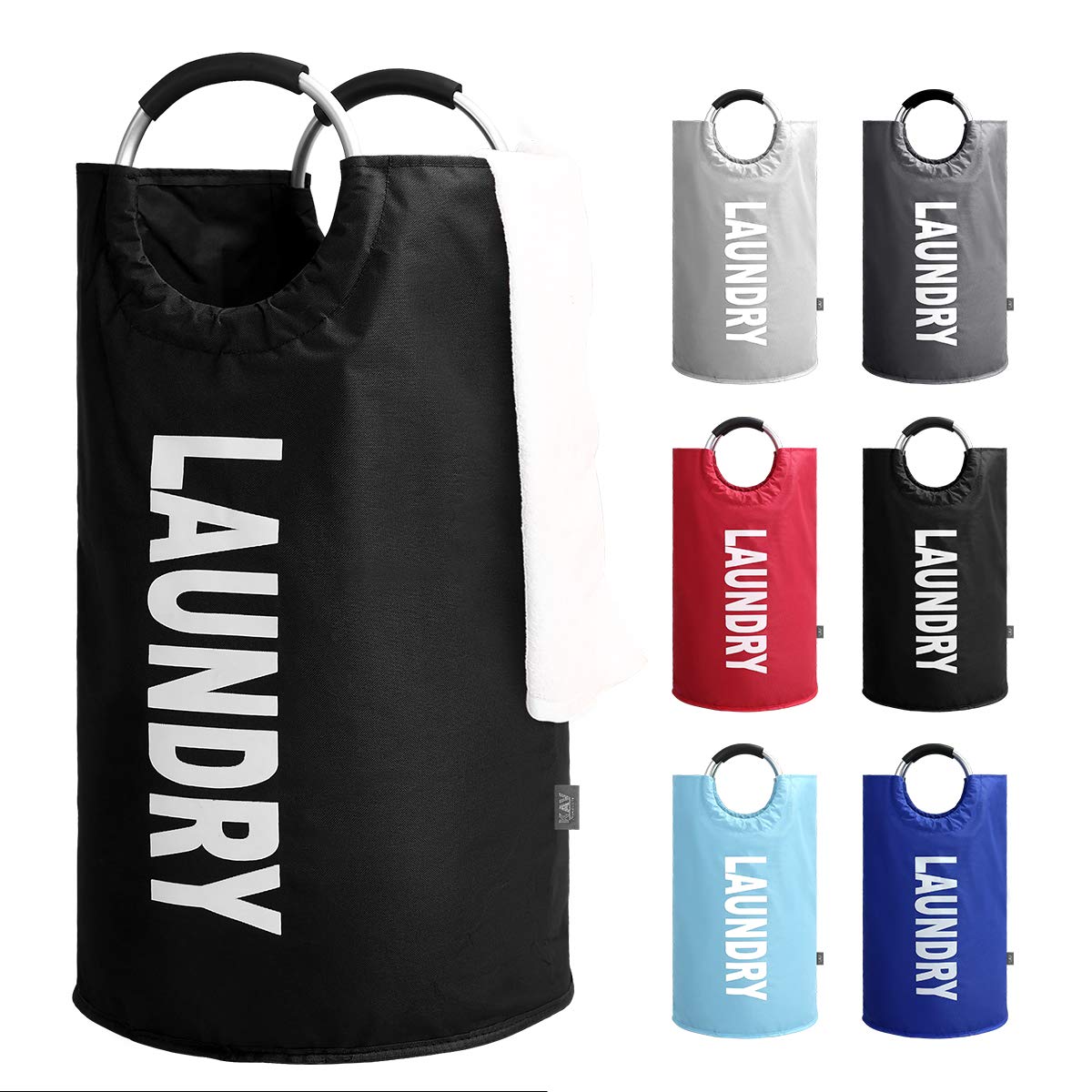 KAV Oxford Fabric Collapsible and Foldable Laundry Basket, Bag or Hamper - 82L Portable Linen Washing Bin with Rubber grip Aluminium Handles - Perfect for Bedrooms, Bathrooms, Playrooms (Black)