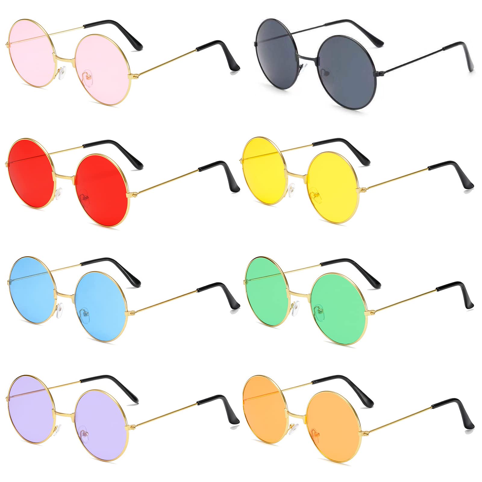 BOZILY 8PCS Hippy Specs Sunglasses Round Hippie Retro Sunglasses Round Sunglasses with Metal Frames Retro Hippy Style Sunglasses 60's 70's Style Circle Retro Glasses for Hippie Fancy Dress Accessory