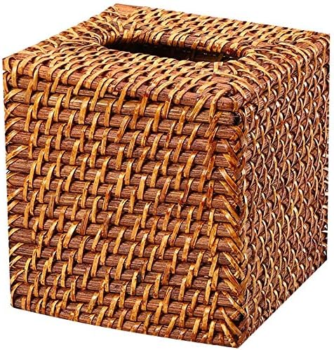 Tamkyo American Design Rattan Handmade Tissue Box Woven Square Trays Bottomless Desktop Napkin Box Brown 15x15Cm