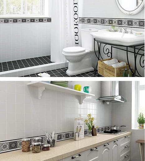 Jmshtu Frise Murale Autocollant Mosaique Noir Et Blanc Bordure De Papier Peint Papier Peint Autocollant Impermeable En Pvc Plinthe Autocollant De Salle De Bain Decor Mural13cmx1000cm Peintures Outils Et Traitement Des Murs