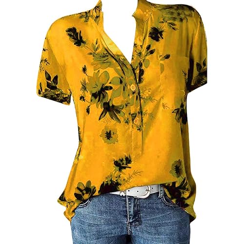 Tops for Women Summer,Blouse Shirts Floral Print V Neck Button Pocket Short Sleeve Summer Vintage Elegant Casual Tops