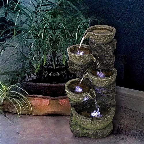 PeterIvan Outdoor Water Fountain - 32" H 5 Urns Falling Water Indoor Outdoor Fountain with Lights | Resin Fiberglass Freestanding Waterfall Fountains Features Calming&Relaxing Water Sounds - Thumbnail 3