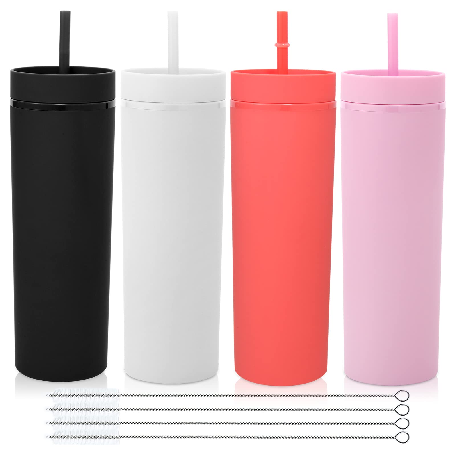Volhoply 20oz Plastic Skinny Tumblers Bulk 4 Pack,Double Wall Tumbler with Lid and Straw,BPA Free Matte Acrylic Water Cups for Parties(Mix, 4 Set)