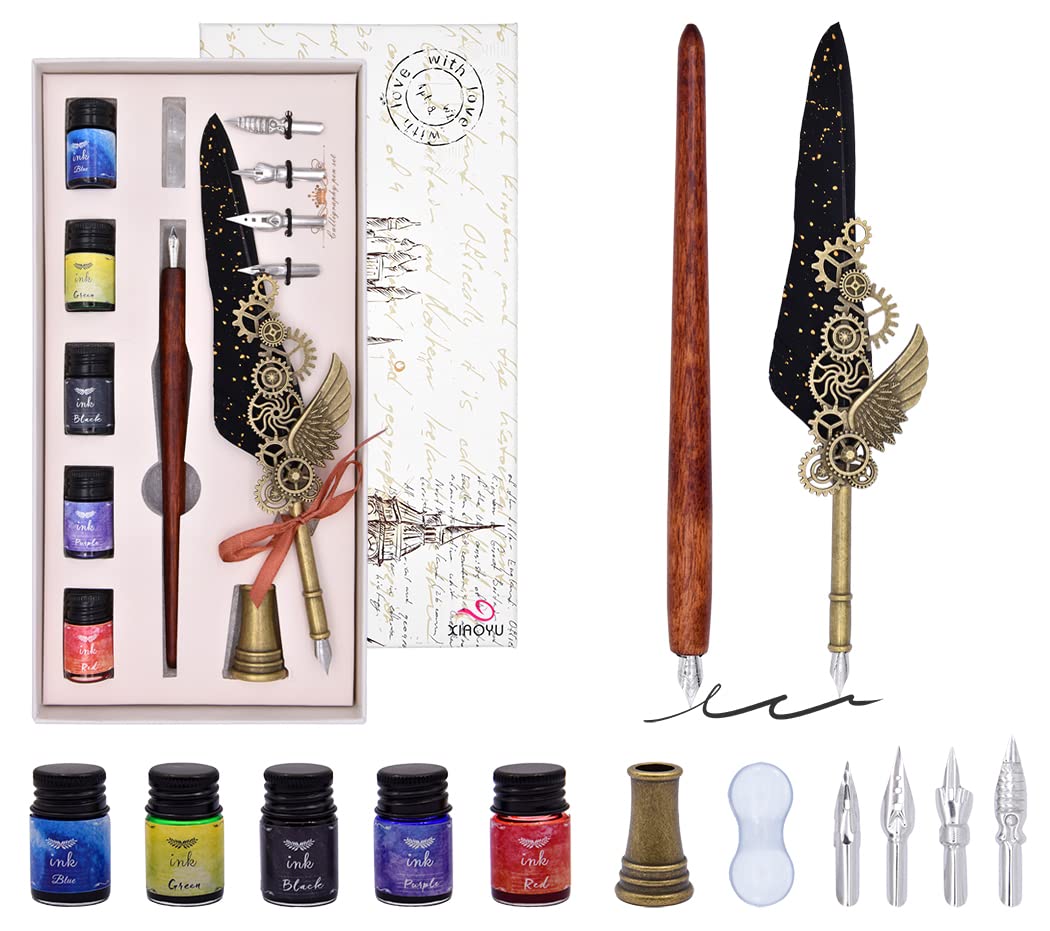XIAOYU Antique Quill Pen Ink Set, Dip Pen Calligraphy Pen Set, Including Mechanical Quill Pen and Wooden Dip Pen, 5 Bottle Inks, 4 Replacement Nibs, Pen Holder, Suitable for Calligraphy Lovers(Black)