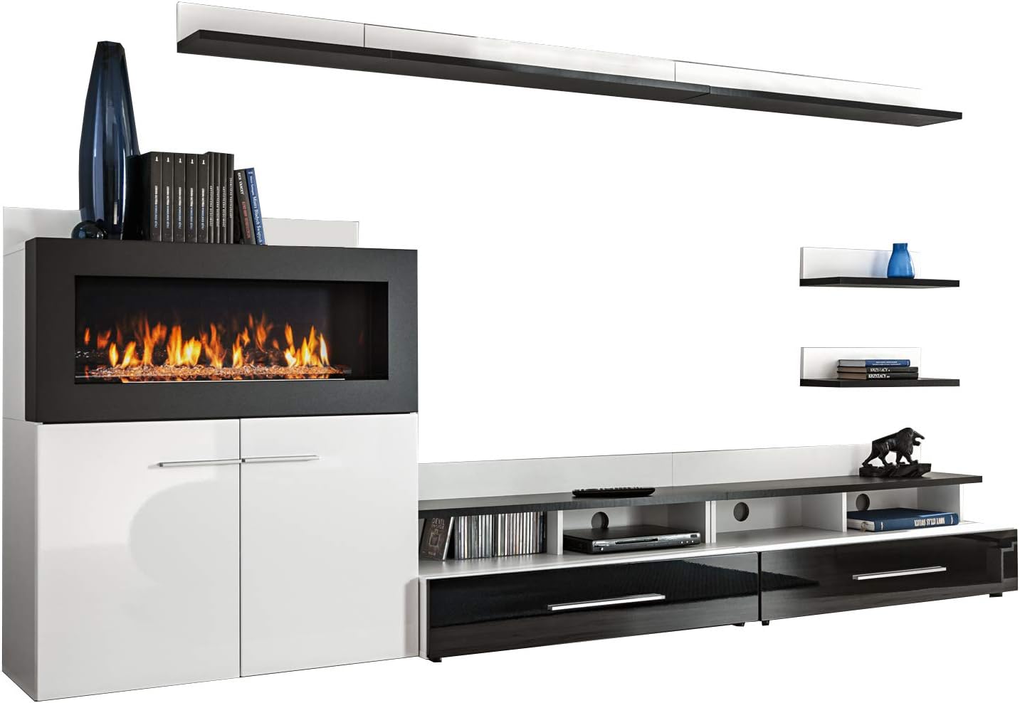 Alter GM Living Room Wall Unit SANTIAGO Entertainment TV Stand Fireplace High Gloss (Body: White & Black Matt; Fronts: White & Black High Gloss)