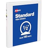 Avery&reg; Standard View 3 Ring Binder, 0.5" Round Rings, 1 White Binder | For School, Home and Everyday Organization, Clear View Covers, Interior Storage Pockets, PVC-Free Pockets, Lay-Flat Pages