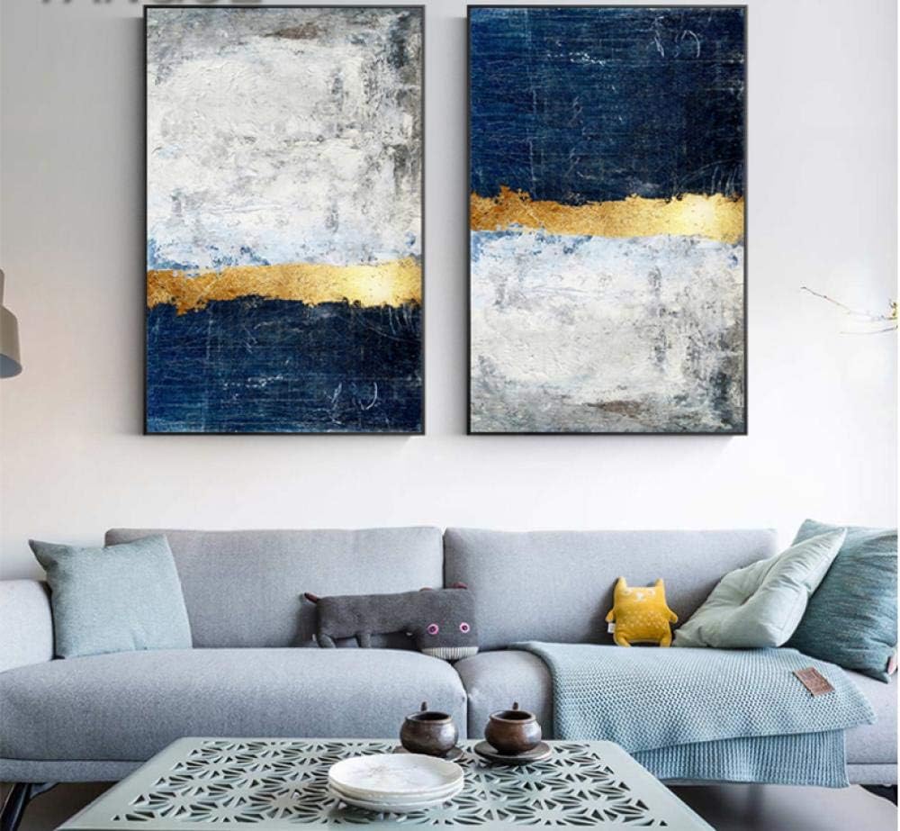 caomei Abstract Gold Foil Block Painting Blue Poster Print Modern Golden Wall Art Picture for Living Room Navy Decor 50x75cmx2 no Frame