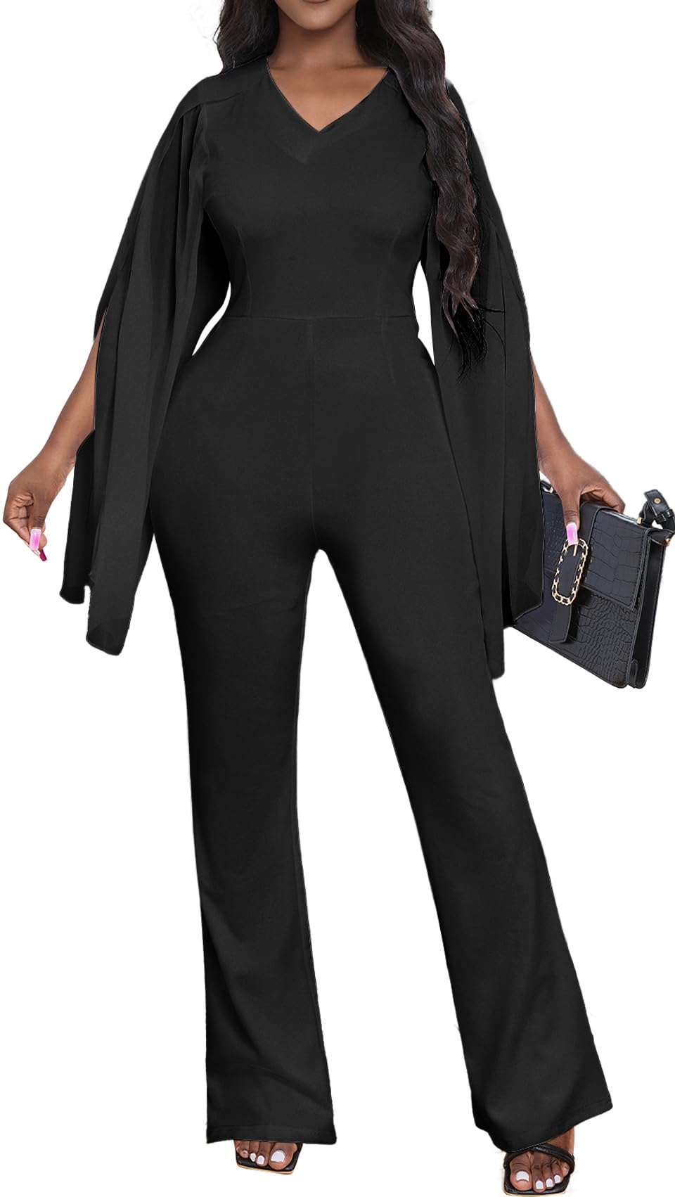 Photo 1 of Elegant Jumpsuit for Women V Neck Split Chiffon Long Sleeve High Waist Jumpsuit Formal Bell Long Pants Dressy Romper with Zipper