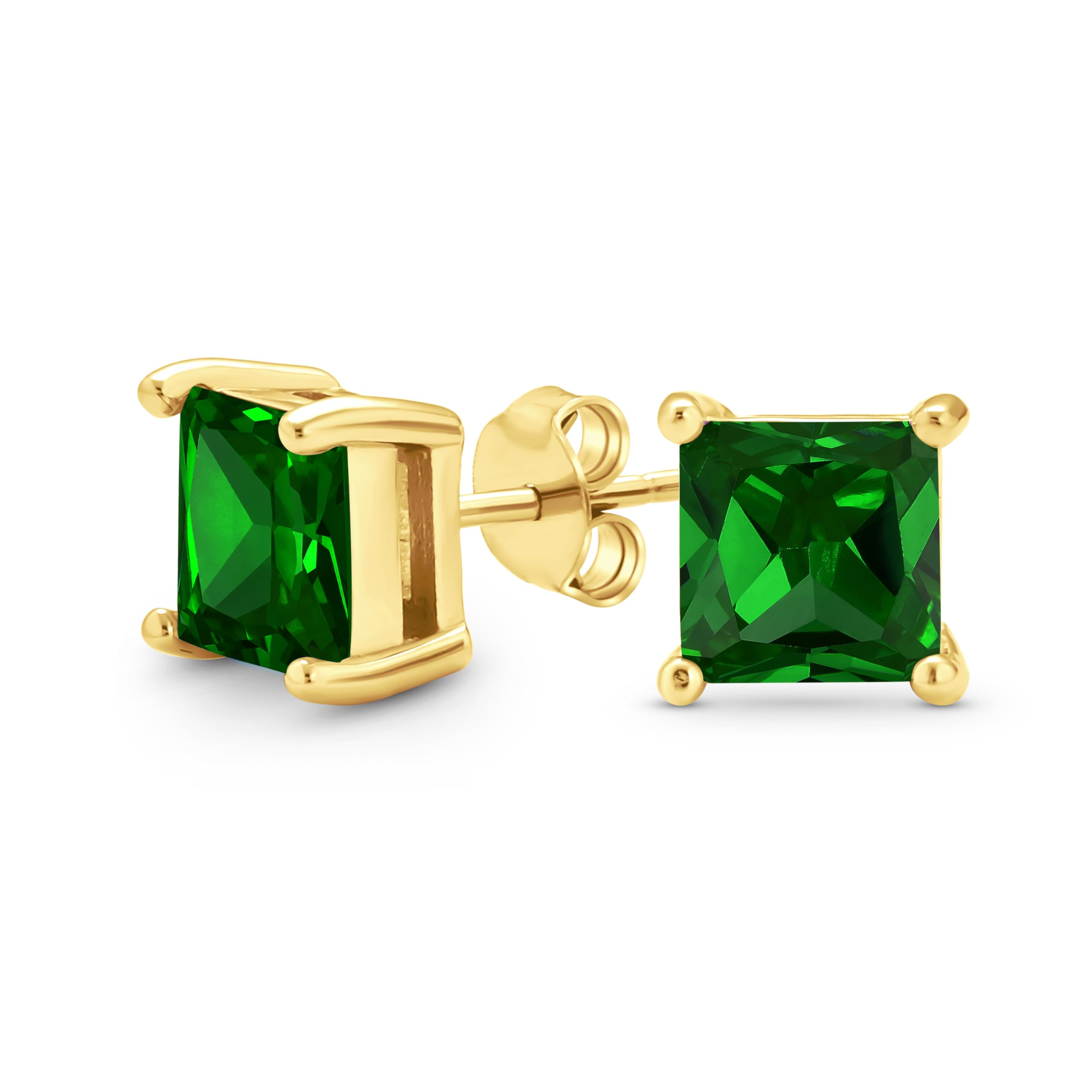 Green Square Cubic Zirconia Brilliant Princess AAA CZ Stud Earrings Gold Plated Sterling Silver Simulated Emerald — image 1