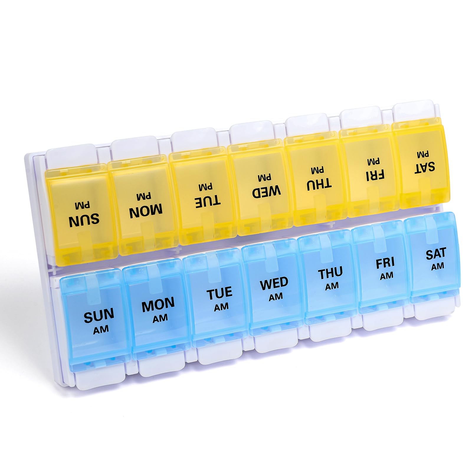 Photo 1 of Sukuos AM PM Weekly Pill Organizer 7 Day, 2 Times A Day Medicine Pill Box with Easy Push Button, BPA Free Vitamin Cases for Fish Oil/Supplements, Easy to Clean (Yellow&Blue)