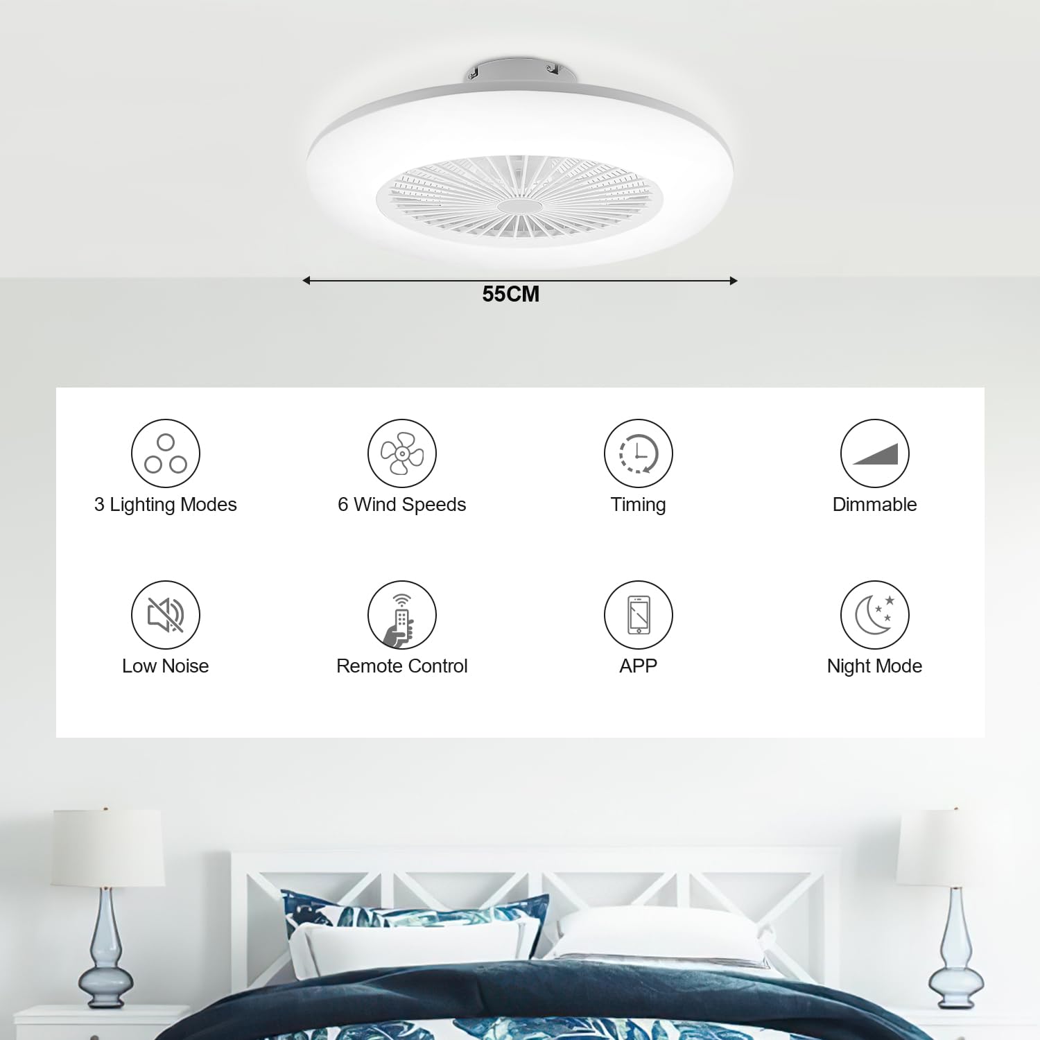 Hebitod 80W Ventilateur de plafond avec Lumière et Télécommande, LED Fan Plafonnier avec éclairage, 6 Vitesses de Vent, Température de Couleur Réglables, Timing, Mode été Hiver, Salon Chambre