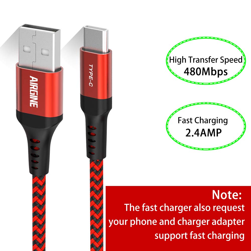 USB Type C Cable, AIRGINE Nylon Braided Fast Charging Cord (2Pack, 6.6ft, Red) Compatible for Samsung Galaxy S9 Plus S8 Plus Note 9 and Other Type C Cable Design Devices