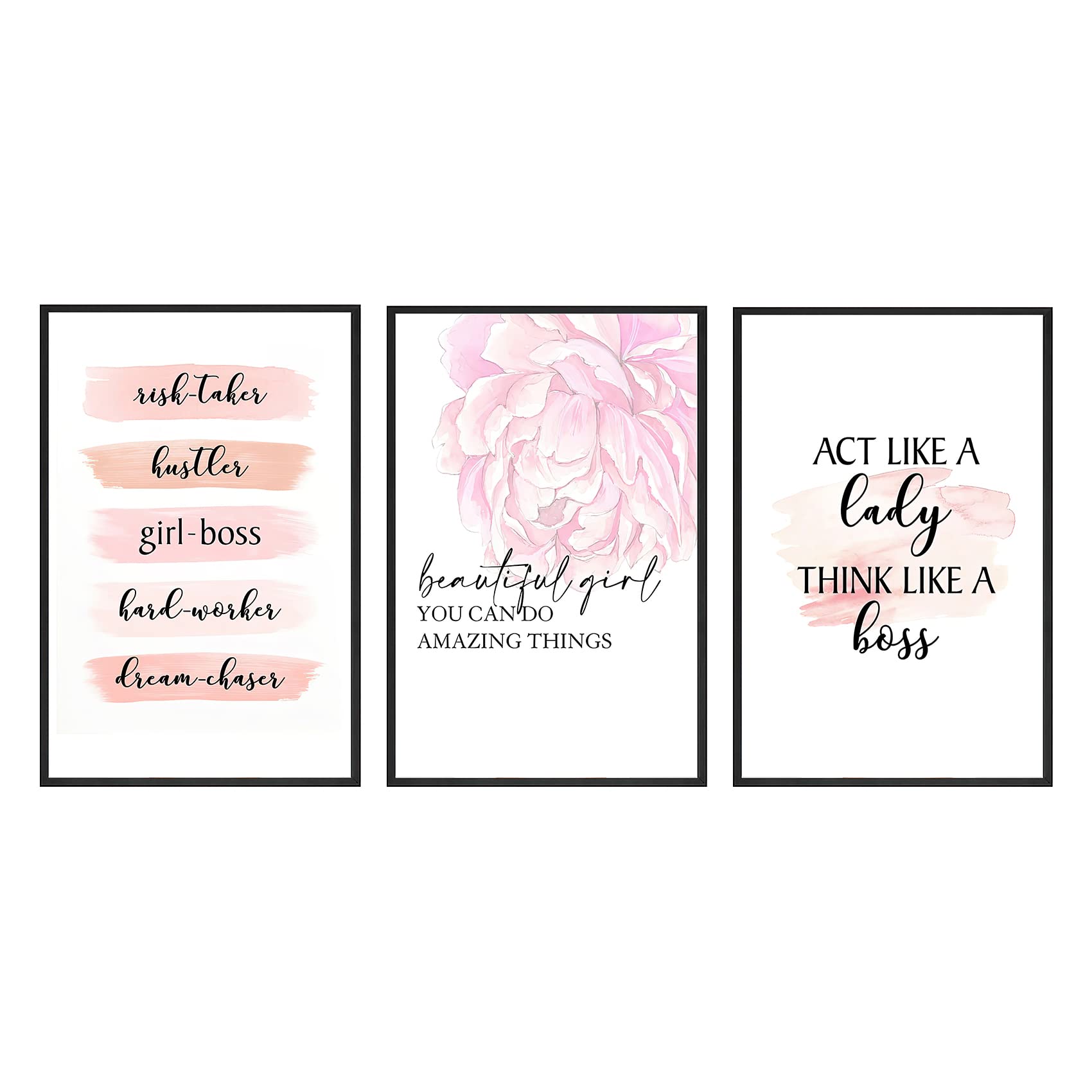 Set of 3 Framed Pink Floral Motivational Quotes - Inspiring Wall Art for Girl Room Office Living Room Decor