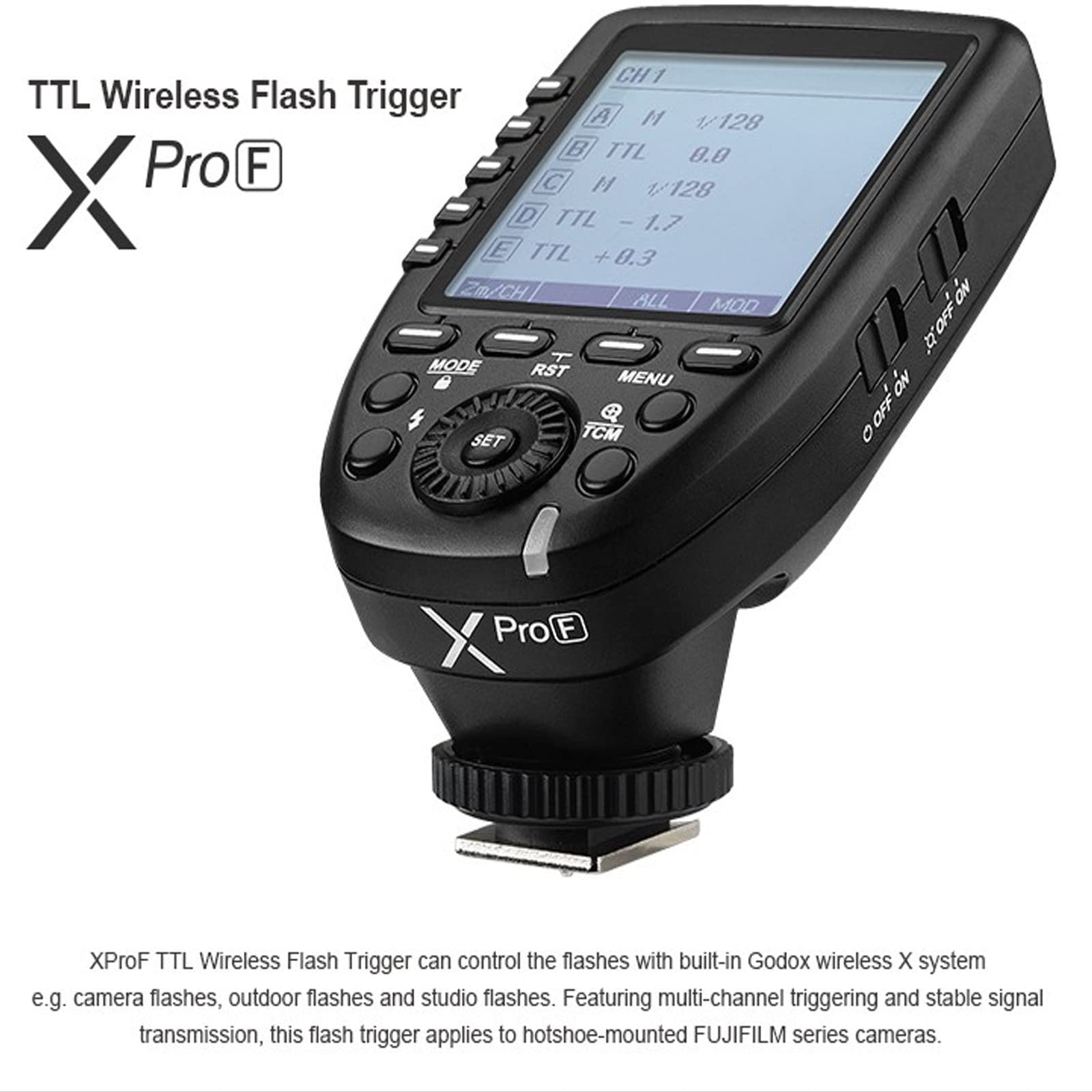 Godox Xpro-F Wireless Flash Trigger Transmitter for Fuji Fujifilm 1/8000s HSS TTL-Convert-Manual Function Large Screen Slanted Design 5 Dedicated Group Buttons 11 Customizable Functions w/Color Filter