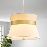 GlowEasely Mid-Century Round Fabric Chandeliers, 3-Light Waist - Tapered Circular Lampshade Crafted from Textured Fabric with