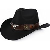 Cowboy Hat for Women and Men, Mens Western Cowboy Hats with Bull Head Womens Retro Vintage Jazz Hat Solid Color Cowgirl Hats (US, Alpha, Medium, Black 1)