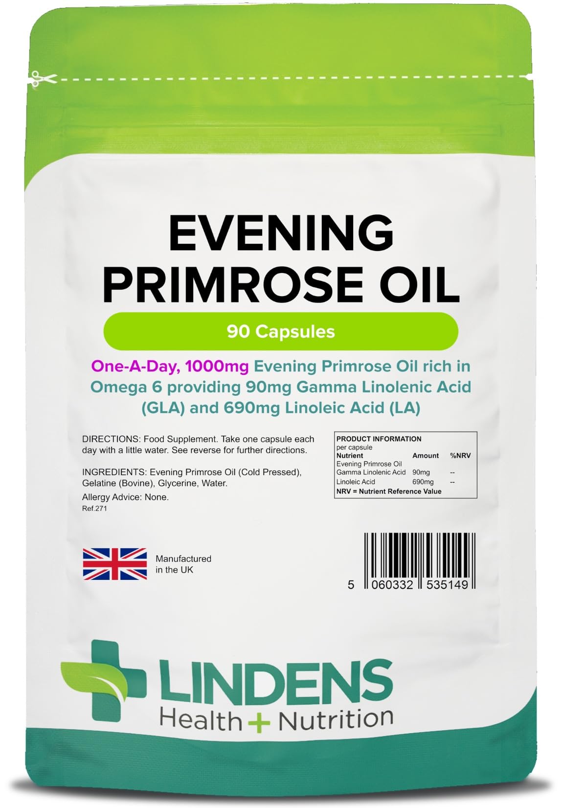 Lindens - Evening Primrose Oil 1000mg, 90 Capsules - 1 a Day, UK Made - Omega 6 Fatty Acids, Linoleic Acid & Gamma-Linolenic Acid - Women's Health & Skin Support - Letterbox Friendly
