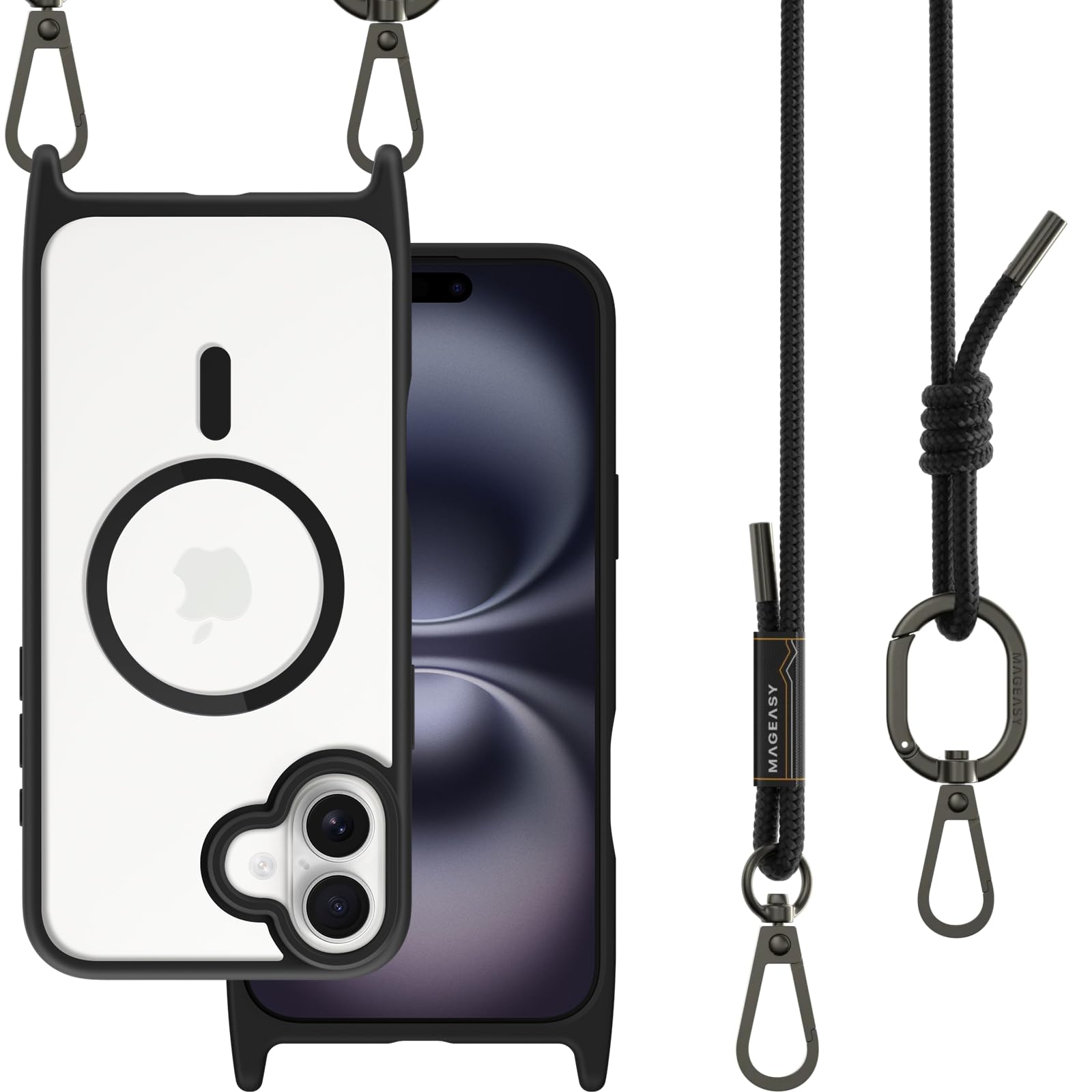 Photo 1 of MAGEASY Case for iPhone 16 Plus 6.7" - Case with Crossbody Strap, 16ft Drop Protection, Compatible with MagSafe | Roam M (Black)