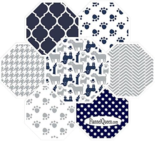 Flannel Dog Navy Gray Coordinates Fabric Bundle, Contains 7 Fat Quarter Cuts