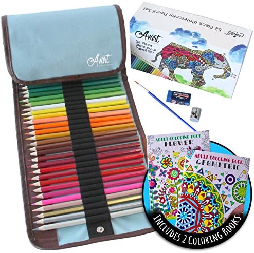 Professional Watercolor Colored Pencil Set for Adults and Kids with 2 Coloring Books | 48 Vivid Colors, Premium Metal Sharpener, Art Eraser &amp; Blending Brush in a Blue Canvas Roll-up Case