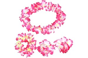 Toyvian Hawaiian Flower Wreath Set 4-Piece Pink Lei Set Including Ruffled Necklace 2 Bracelets Floral Garland Headband for Lu
