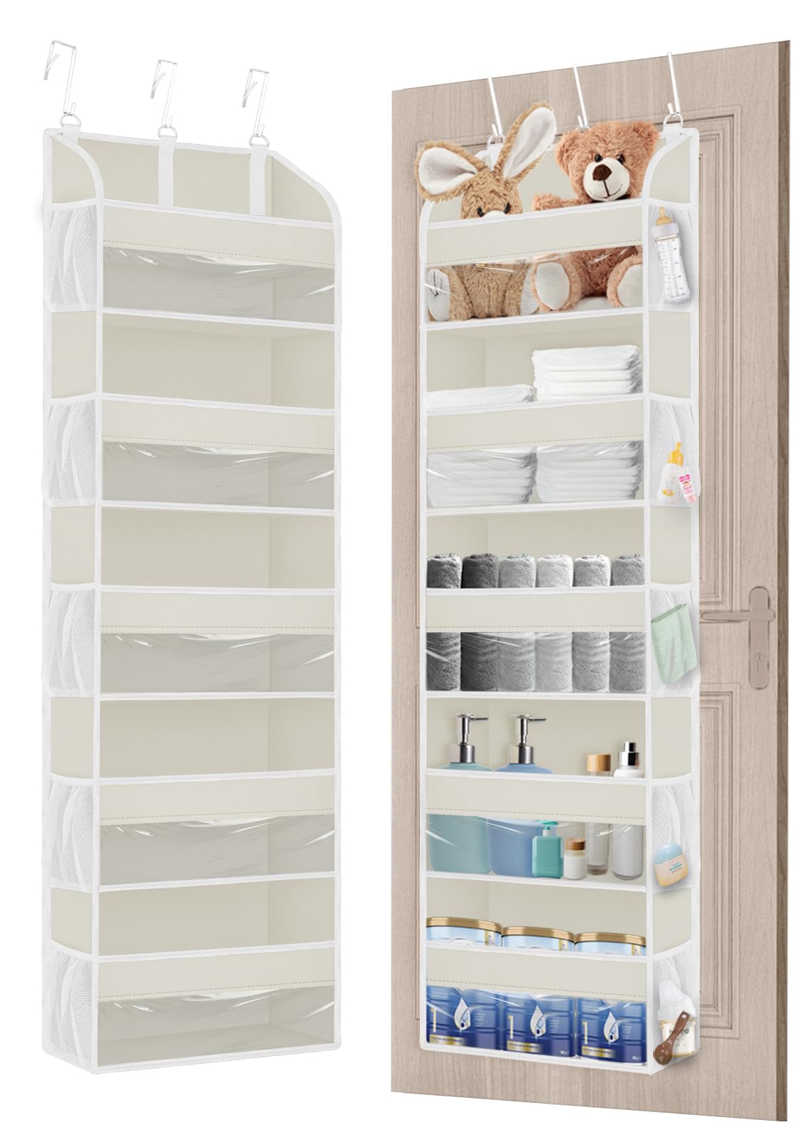 TAHAVICE Baby Over Door Storage with 5 Pockets, 2 Pack - Back of Door Storage for Bedroom, Bathroom, Nursery, Baby Essentials for Newborn (Beige)