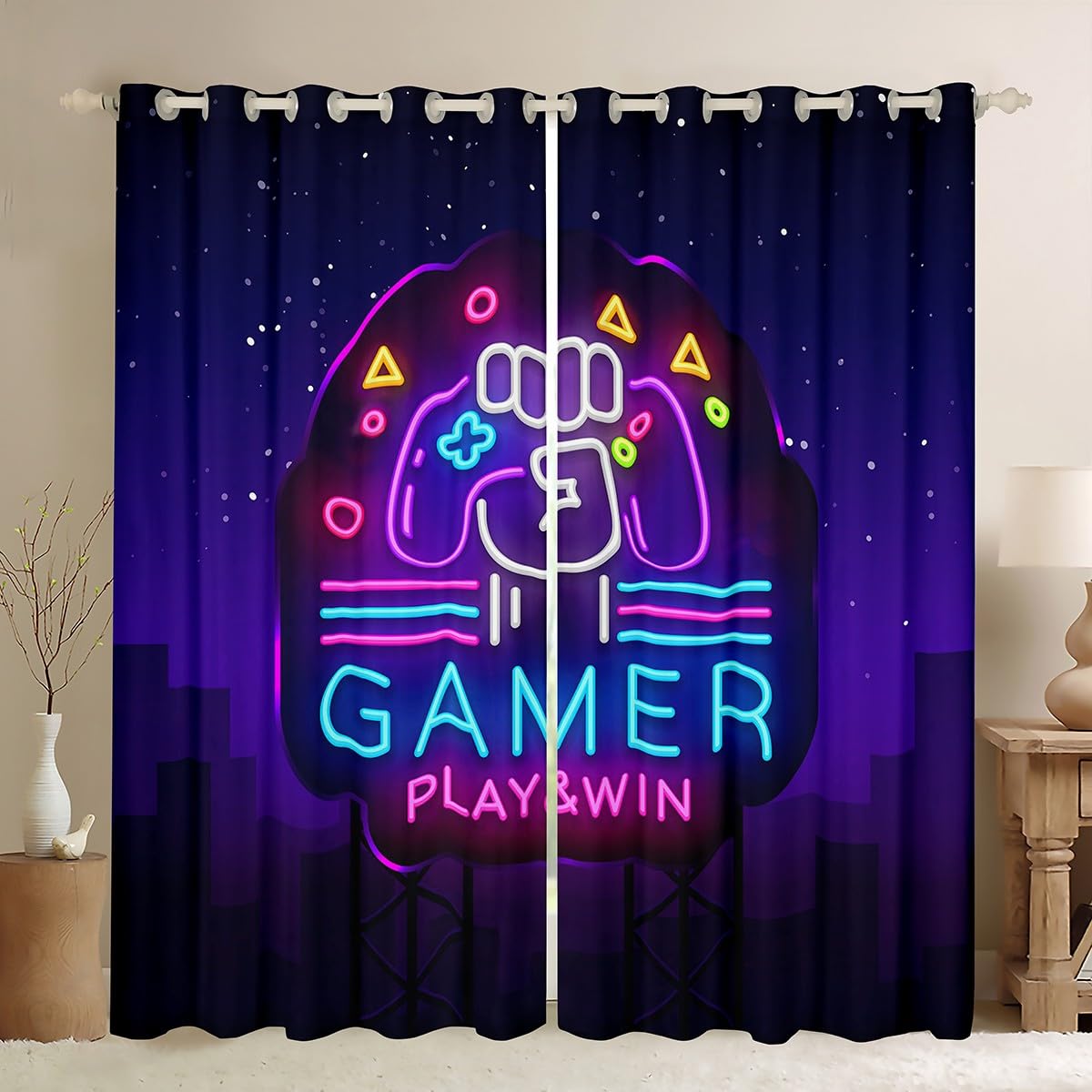 Loussiesd Gamer Curtains for Bedroom Boys Gaming Neon Room Curtain W46*L54 Video Game Window Drapes Geometric Stripes Grommet Window Treatment Room Decoration