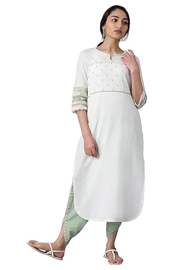 Women's cotton straight Kurta (20FEW13216-213232_ Ecru_ 10 (Medium))