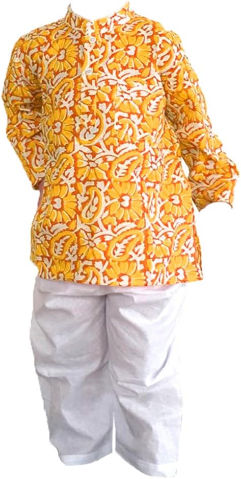 Flawnt Floral Printed Yellow Cotton Kurta and Pajama Set for Baby Boys