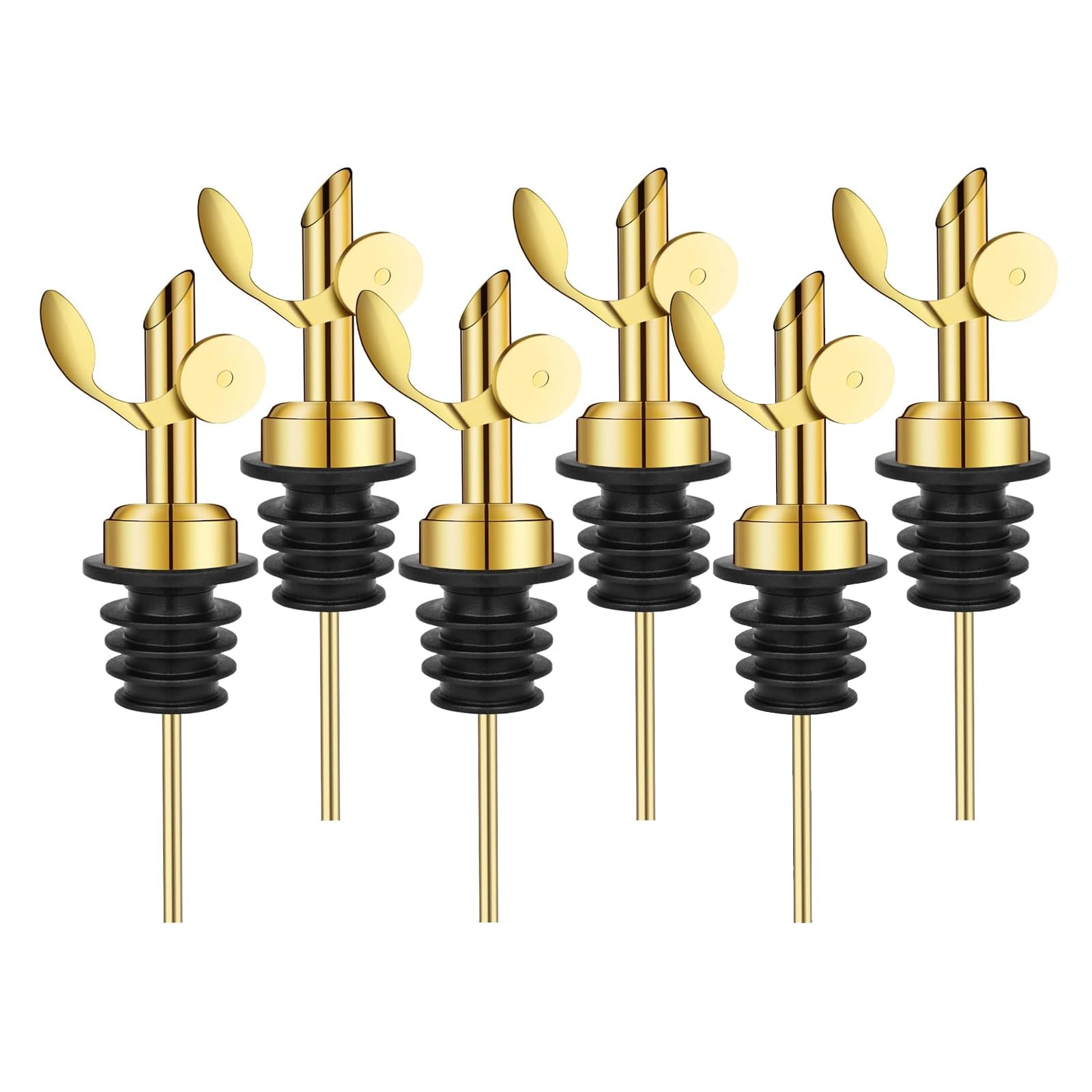 WAFJAMF 6 Pcs Weighted Stainless Steel Bottle Pourers, Self Closing Olive Oil Dispenser Spout, Auto Flip Feature Liquor Pour Spouts for Pours Liquid, Olive Oil， Wine, Vinegar（Gold）