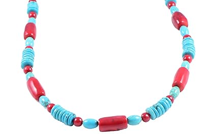 AqBeadsUk Klassische Damen-Perlenhalskette aus Halbedelsteinen, Türkis / Edelkoralle, 47–50,8 cm, handgefertigt