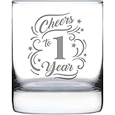 Bevvee Cheers to 1 Year - Whiskey Rocks Glass Gifts for Women & Men - 1st Anniversary Party Decor - 10.25 Oz Glasses