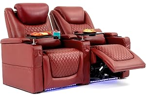Airadlis Home Theater Seating Seats, Theater Recliner Chair Sofa Game Movie Theater Chairs with 7 Colors Ambient Lighting, Lumbar Pillow, Side Pocket, Tray Table, Power Recline, Red