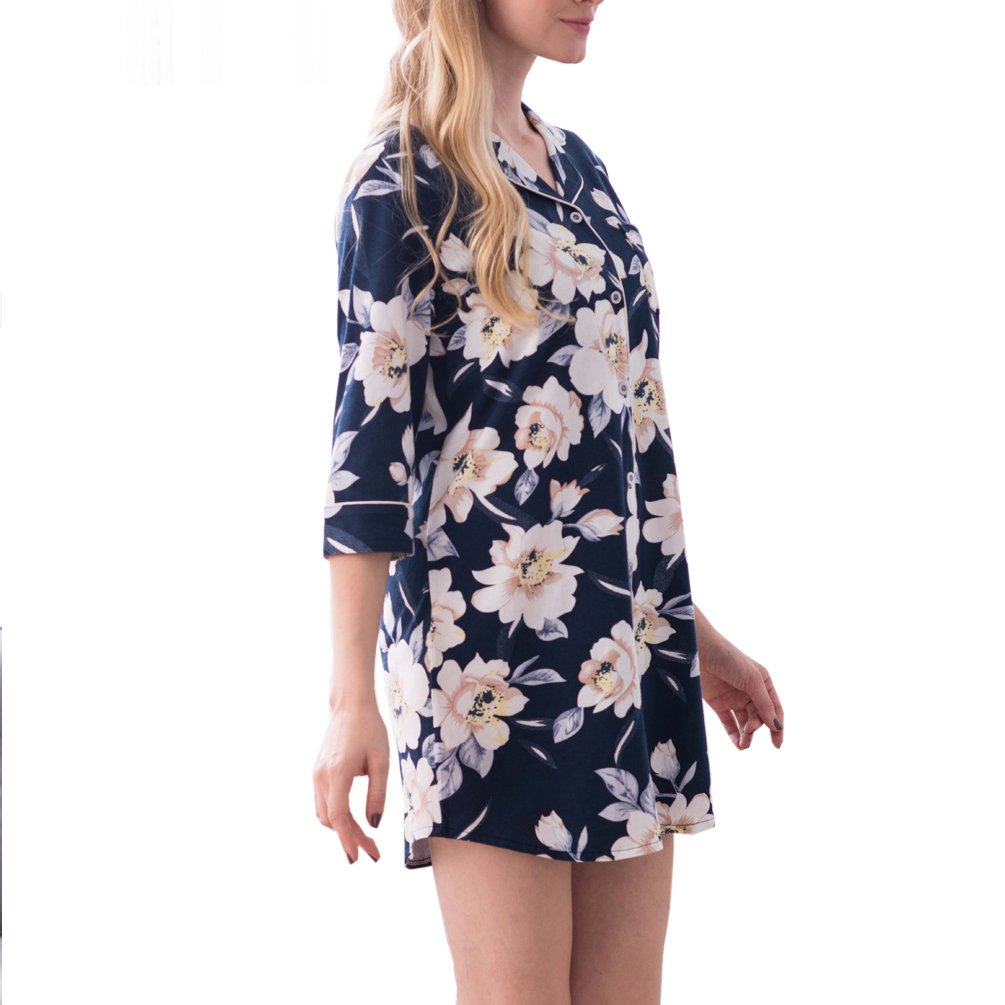 ENJOYNIGHT Women's Sleep Shirt 3/4 Sleeves Pajama Top Button-Front Nightshirt (US (8,10)=Tag L, Floral)