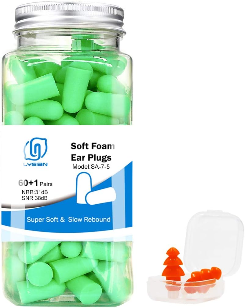 LYSIAN Ultra Soft Green Foam Earplugs 60 Pairs with Reusable Sliicone Earplug, 38dB SNR Ear Plugs, Sleeping, Snoring, Work, Travel and All Loud Events: Health & Personal Care