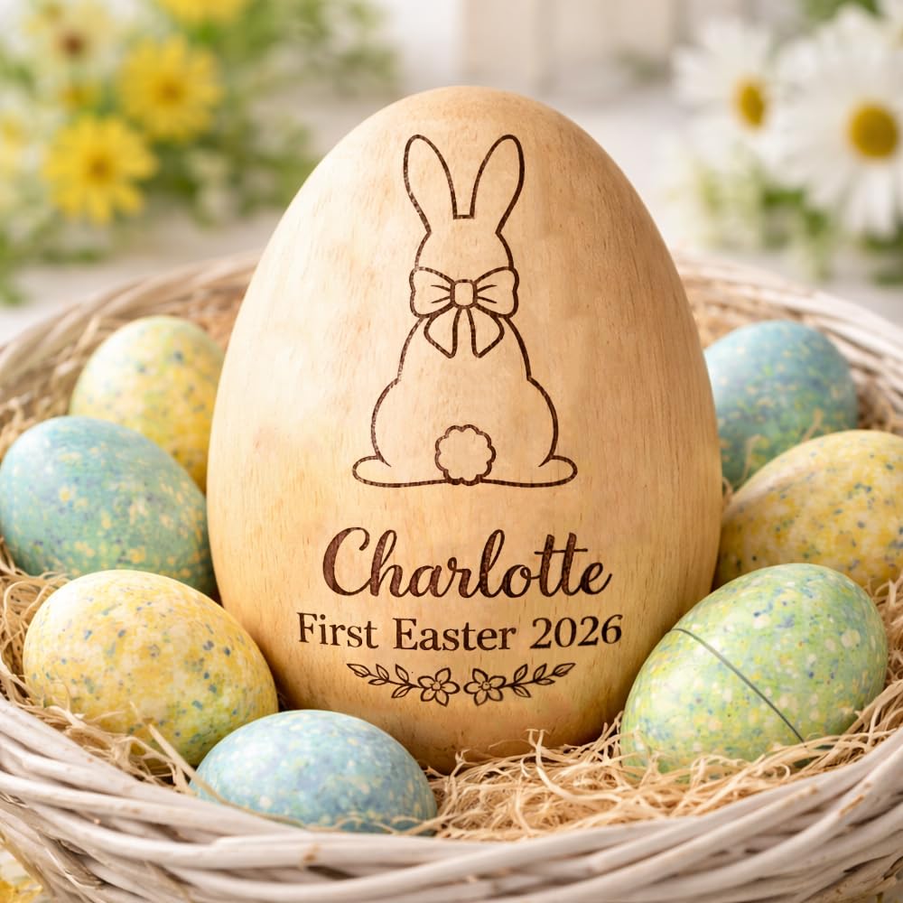 Personalized Wooden Easter Egg – Custom Engraved Bunny Name Egg, Baby First Easter Keepsake Gift, Rustic Wood Bunny Decor, Cute Basket Stuffer for Kids, Spring Holiday Gift for Baby Boy Girl/2