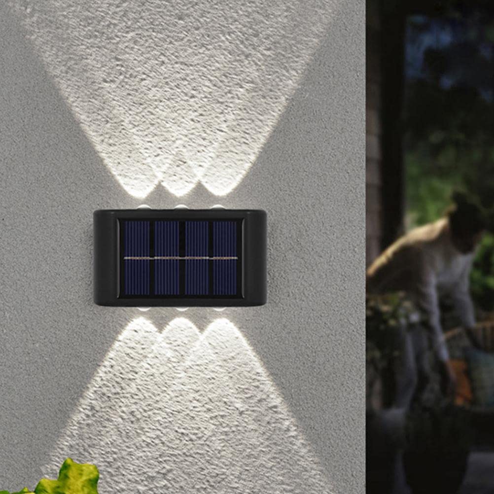 Solar LED Wall Lights with Up and Down 6 LED Lights, Solar Outdoor Lights Decorative as Yard Decor Backyard Lighting, Fence Solar Lights Outside Garden Decorations (2 Pack, White Light)