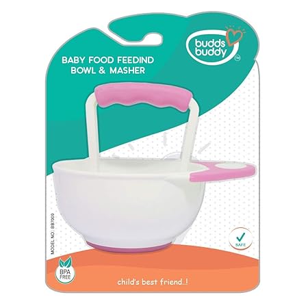 Buddsbuddy BB7009 Baby Food Feeding Bowl and Masher, Pink
