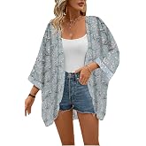 Women's Floral Chiffon Kimono Cardigan - Loose Beach Cover Up, 3/4 Sleeve, Boho Wrap For Spring & Summer